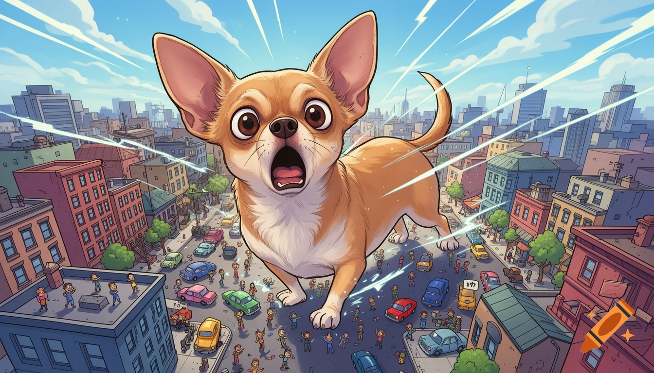A giant cartoon chihuahua with a shocked expression stomps through a busy city street filled with tiny cars and people.