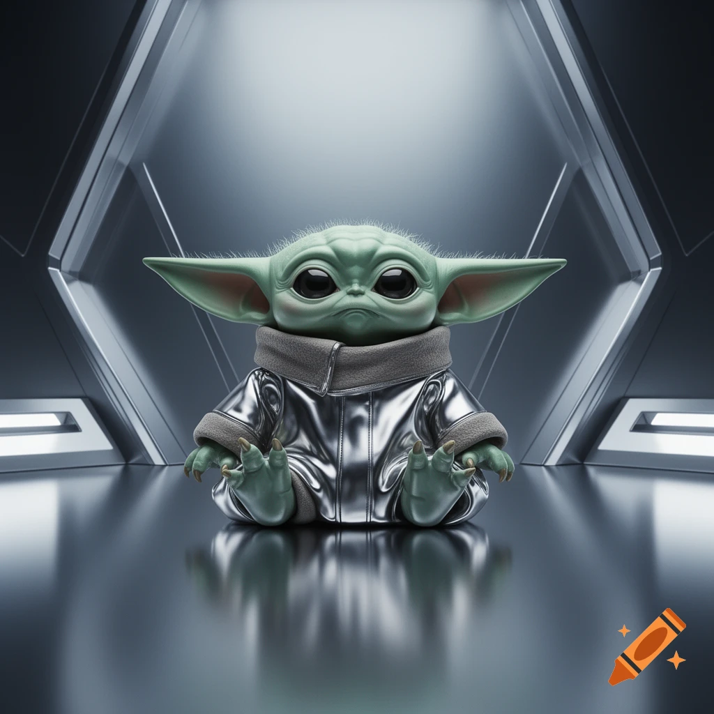Baby Yoda (Grogu) in a shiny silver jacket sits on a reflective floor in a futuristic metallic room.