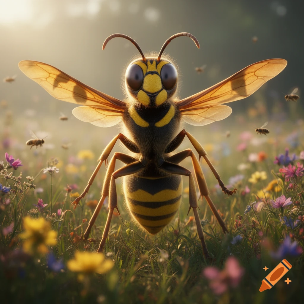 A large, cute, cartoon wasp with big eyes stands in a vibrant field of flowers under soft light.