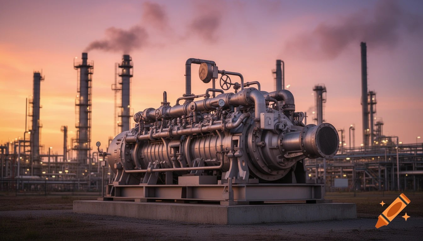 Photorealistic image of a large industrial pump in the foreground, with an oil refinery and smokestacks in the background at sunset.