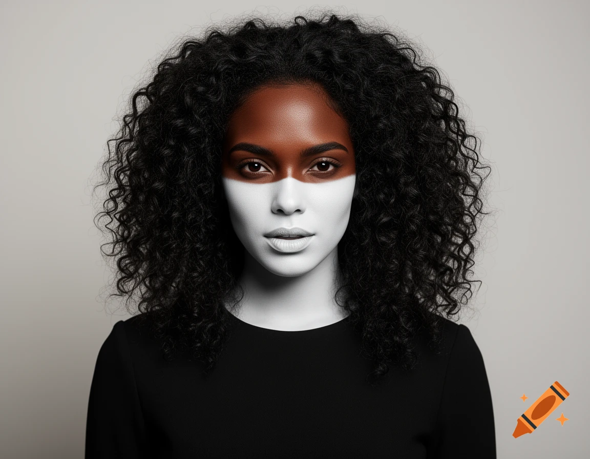 Close-up portrait of a woman with dark curly hair, brown skin, and striking white and brown face paint across her eyes and nose.