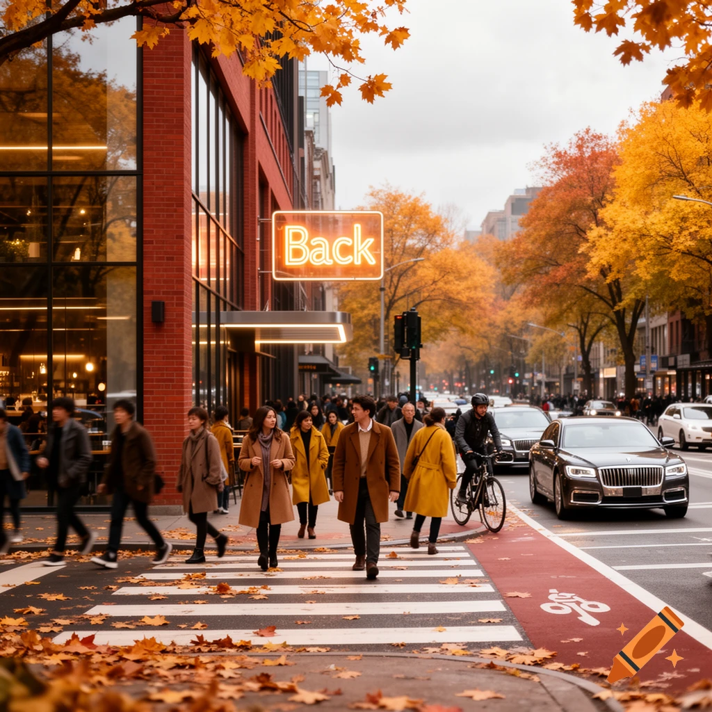 Photorealistic image of a bustling city street in autumn, with people crossing a crosswalk and cars on the road, beneath a building with a glowing "Back" sign.