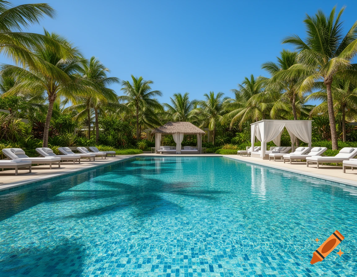 A long, clear blue swimming pool at a tropical resort, lined with white lounge chairs and cabanas under a bright blue sky and lush palm trees.