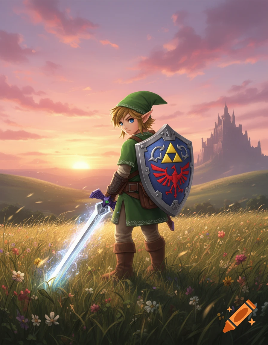 Link stands in a field of tall grass with his glowing sword and shield, looking over his shoulder at a distant castle during sunset.