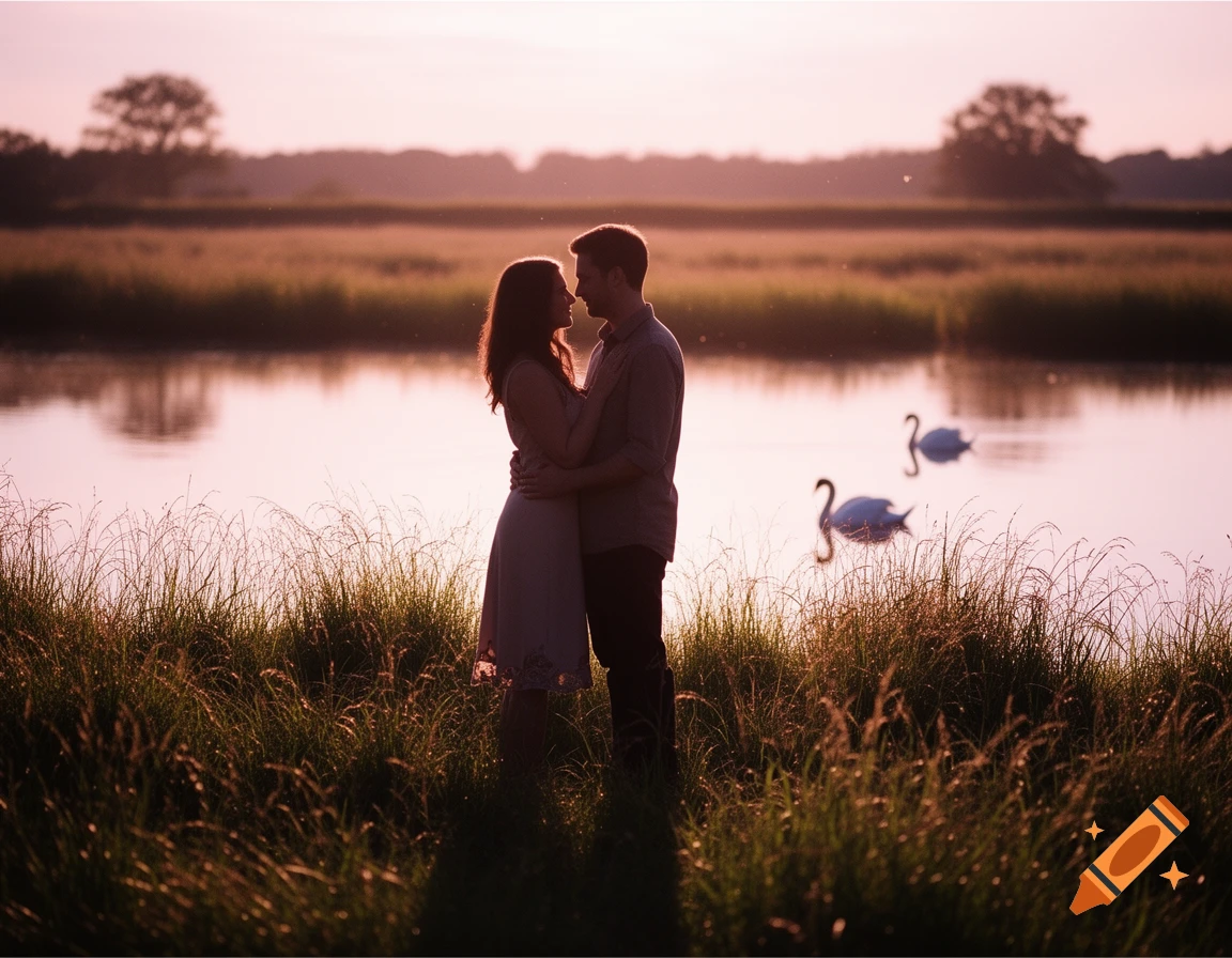 A couple embraces by a grassy lake at sunset, with two swans in the water, in a romantic photorealistic style.