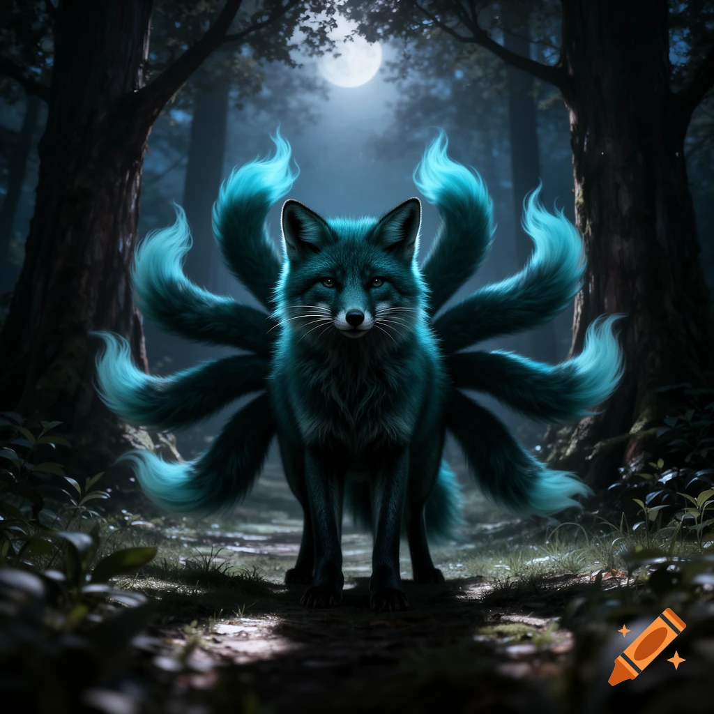 A dark teal nine-tailed fox with glowing tails stands facing forward in a moonlit mystical forest.