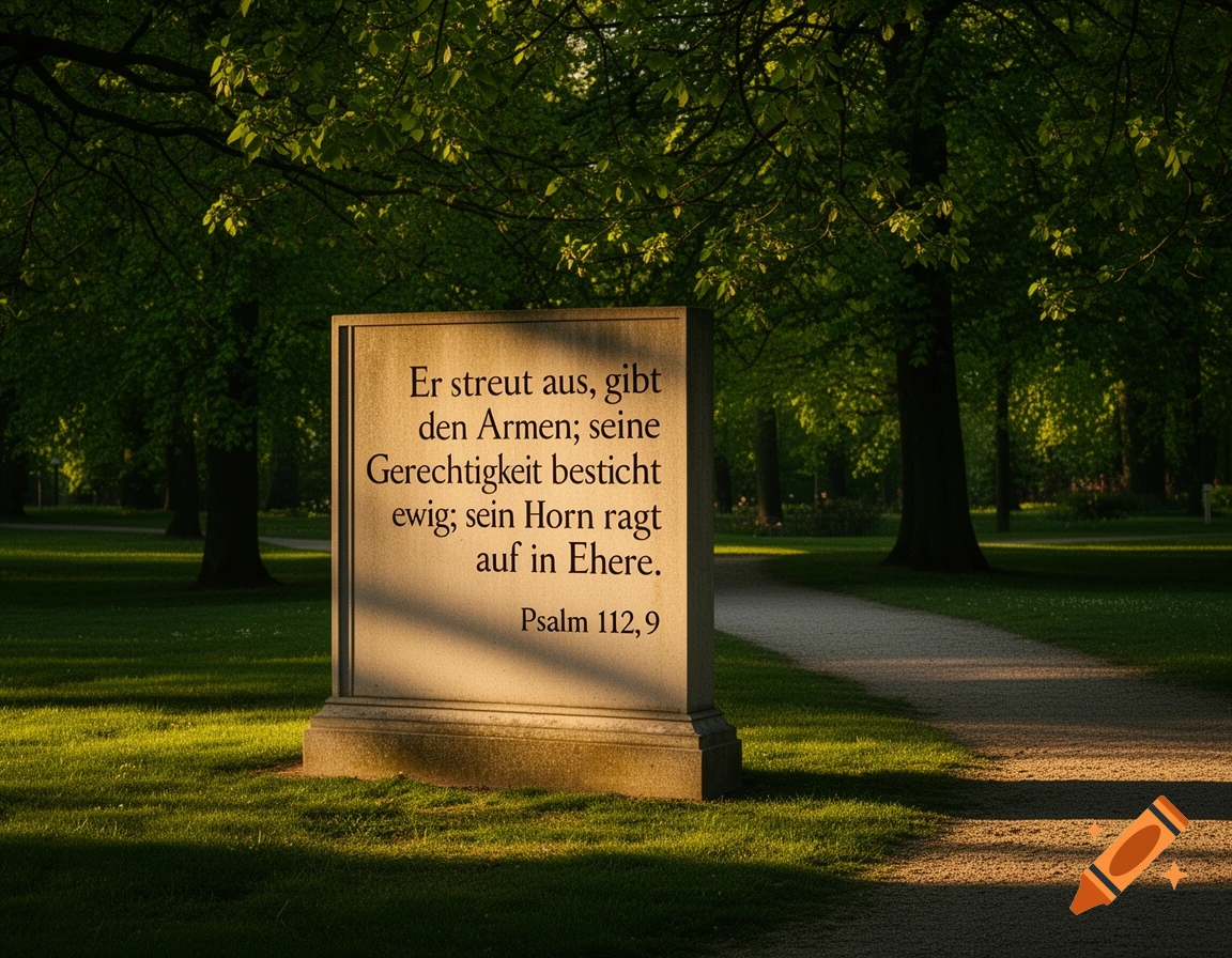 A stone monument with German biblical text from Psalm 112,9 stands in a sunny park with trees and a gravel path.