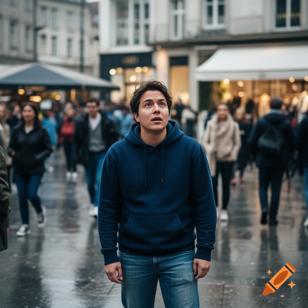 A young man in a blue hoodie and jeans looks up with a surprised expression on a wet, crowded city street. Photorealistic.