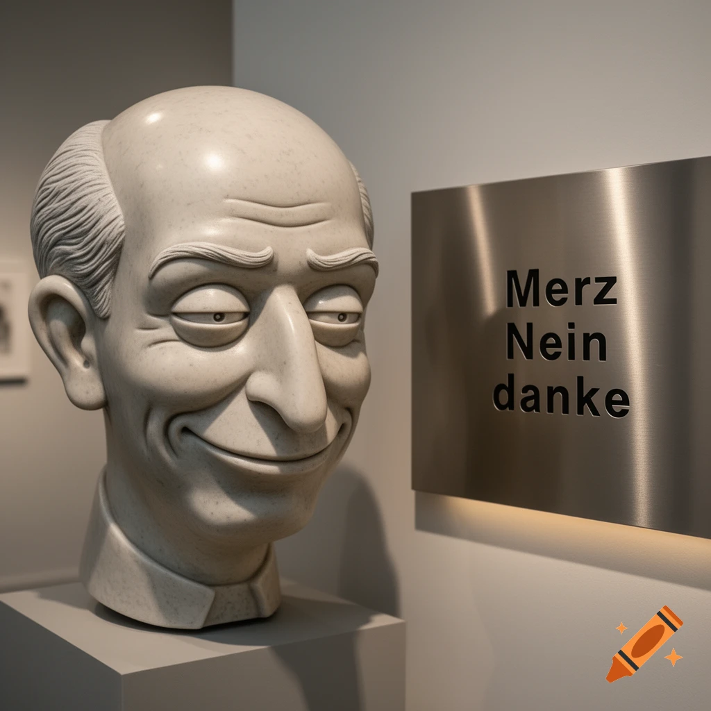 A white marble bust of a smiling, bald, caricatured man next to a brushed metal sign reading 'Merz Nein danke'.