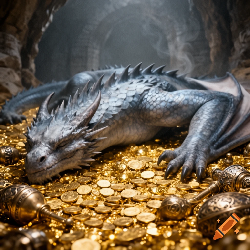 A majestic grey-blue dragon with scales and horns sleeps soundly on a vast pile of glittering gold coins and ancient artifacts inside a dimly lit cave.
