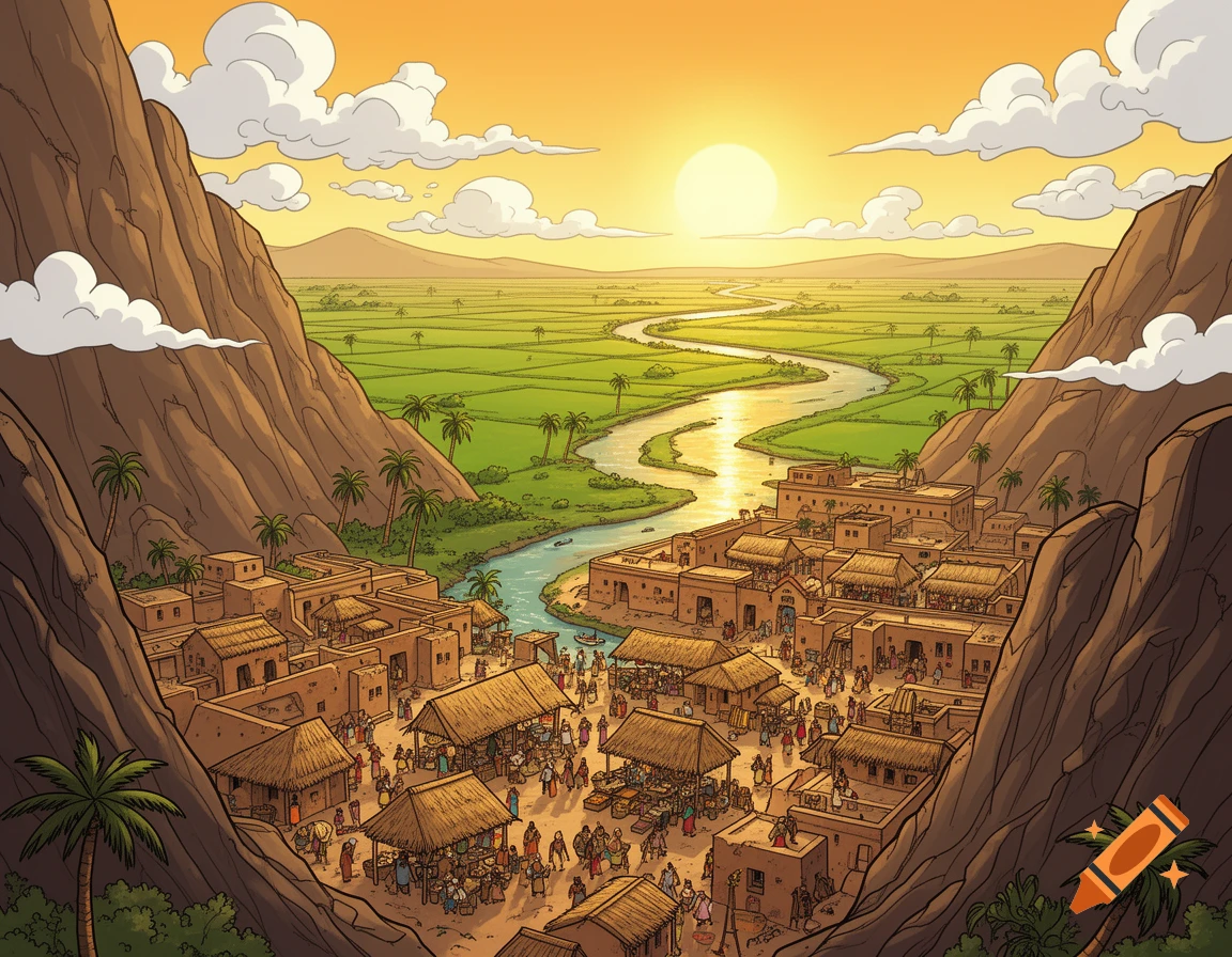 A cartoonish aerial view of an ancient city nestled between mountains, with a winding river flowing through green fields under a sunset.