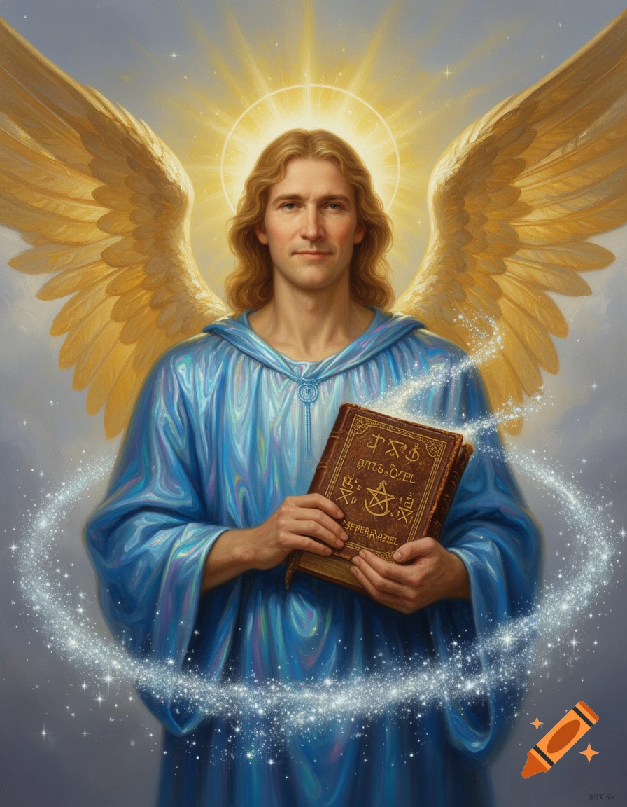 Hyperrealistic painting of Archangel Raziel with golden wings and a blue robe, holding an ancient book with mystical symbols.