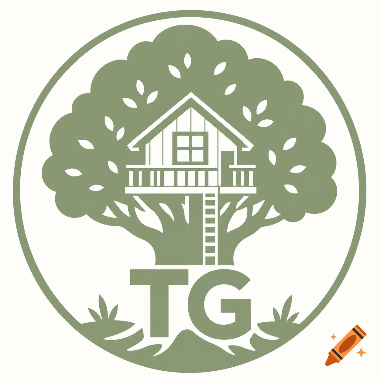 A sage green and white 2D graphic logo depicting a tree with a treehouse built on top, with the letters 'TG' at its base.
