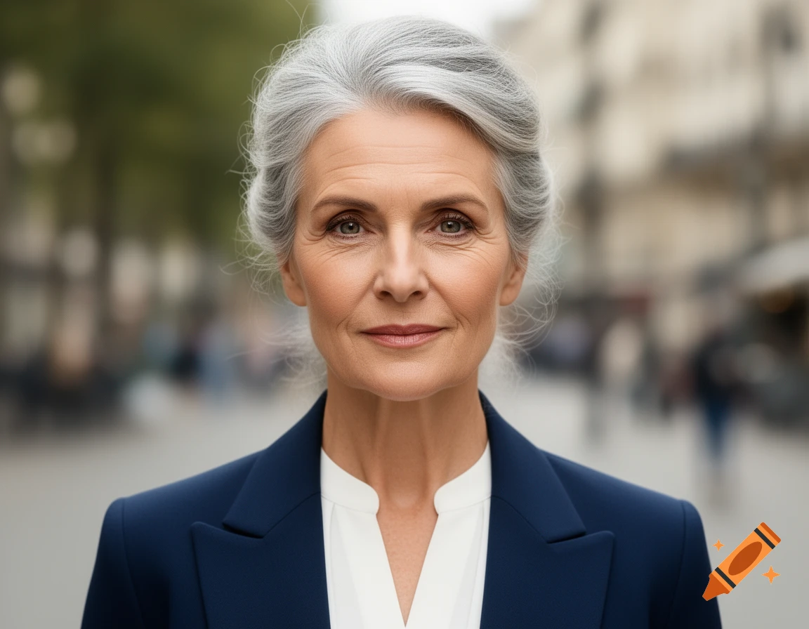 Photorealistic portrait of a mature woman with gray hair, wearing a blue blazer and white blouse, looking forward in an urban setting.