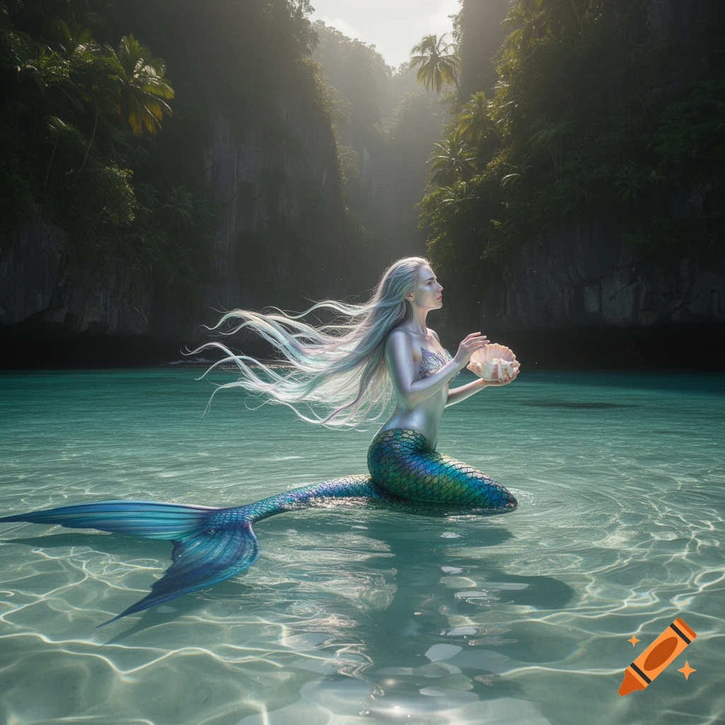 Photorealistic image of a silver-haired mermaid with a shimmering blue-green tail sitting in clear tropical water, holding a seashell.