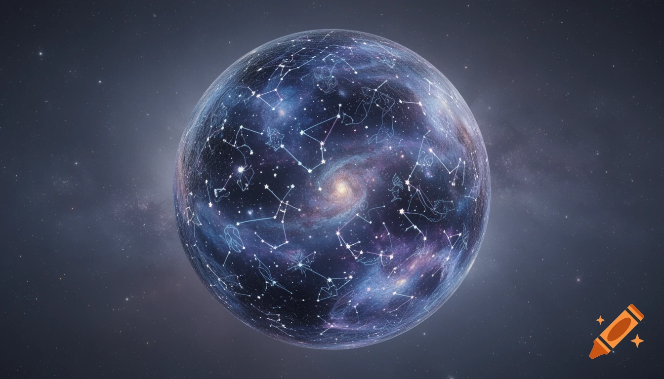A luminous sphere covered in blue and white constellation lines, revealing a swirling galaxy, set against a star-filled space.