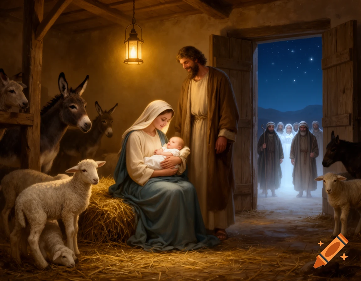 Mary, Joseph, and baby Jesus in a dimly lit stable with donkeys and sheep; shepherds approach from a starry night outside. Photorealistic style.