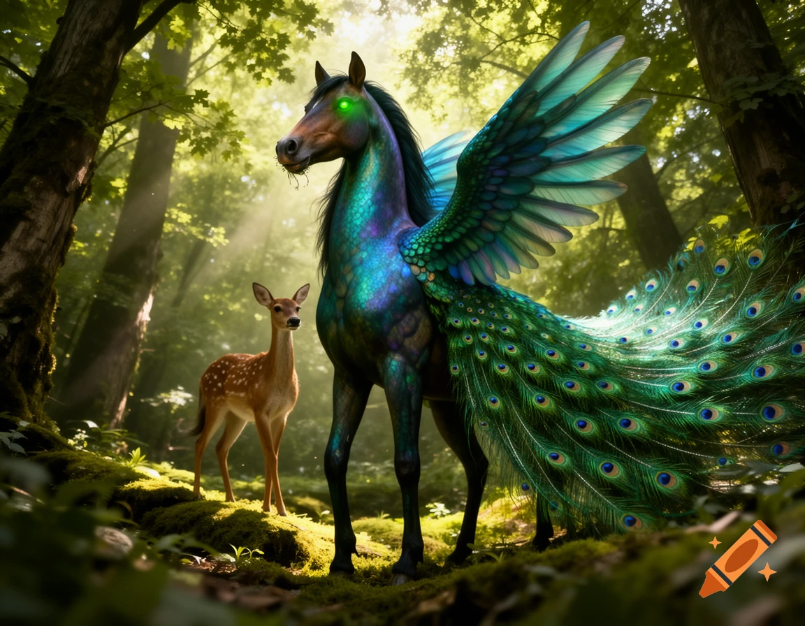 A majestic, iridescent horse-peacock creature with glowing green eyes stands in a sun-dappled forest, a fawn nearby.