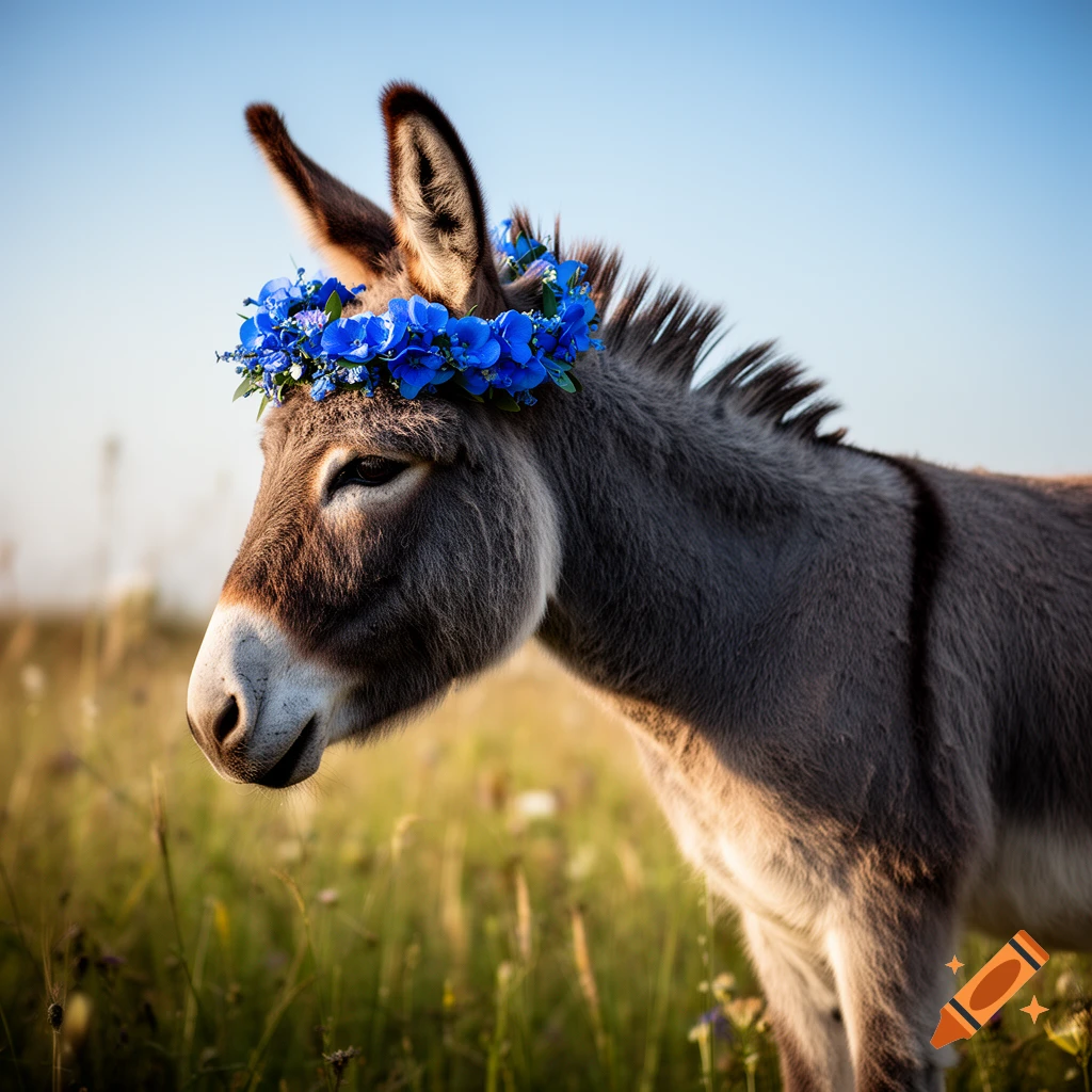A photorealistic close-up of a donkey in side profile, wearing a blue flower wreath, standing in a sunny green field.