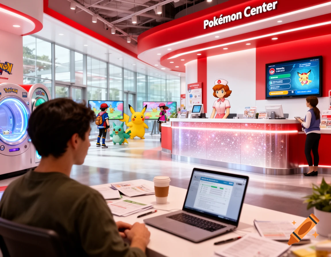 A man works on a laptop at a table in the foreground, with a modern, red and white Pokemon Center reception area in the background.