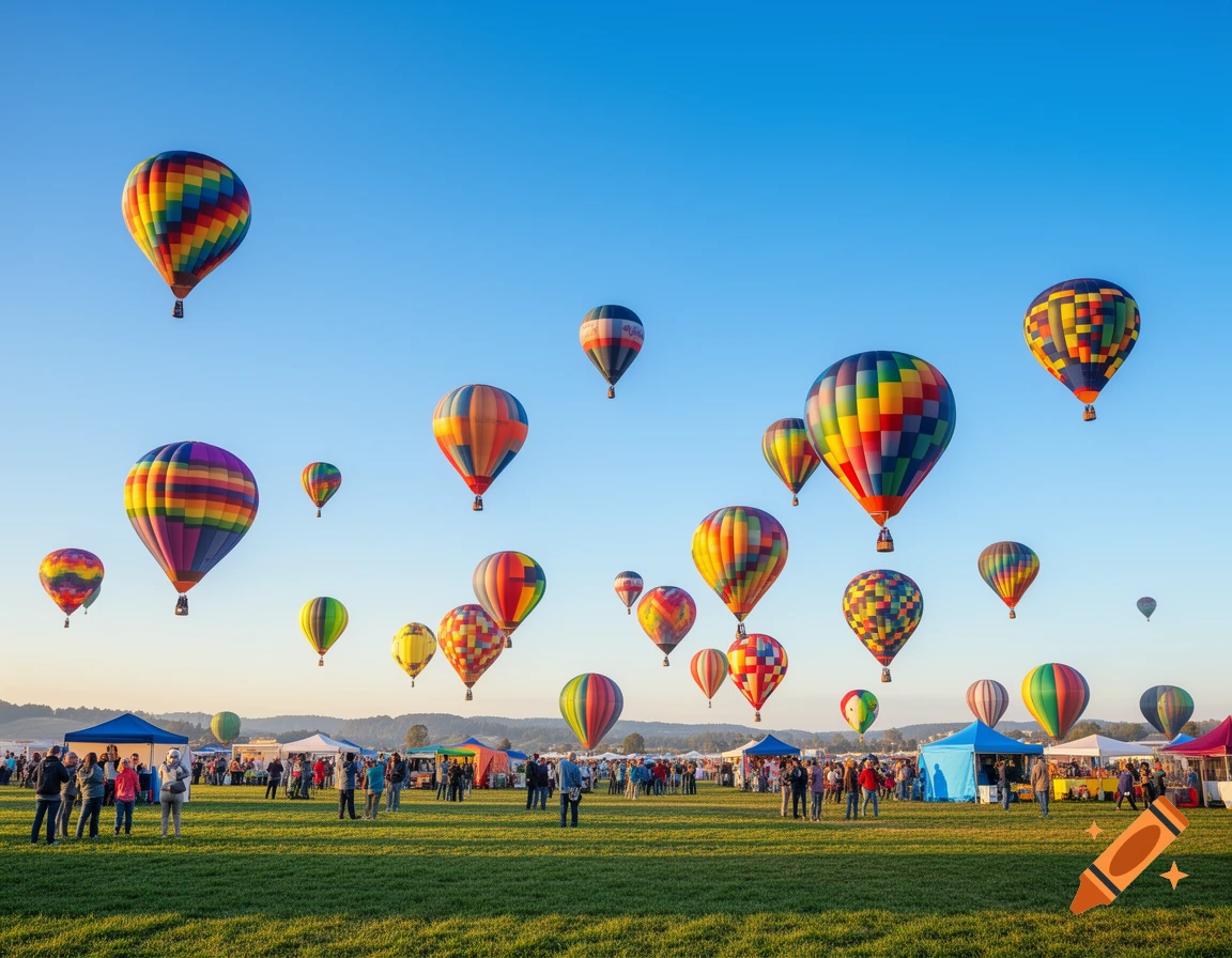 Numerous colorful hot air balloons float in a clear blue sky over a grassy field filled with people and tents at a festival.