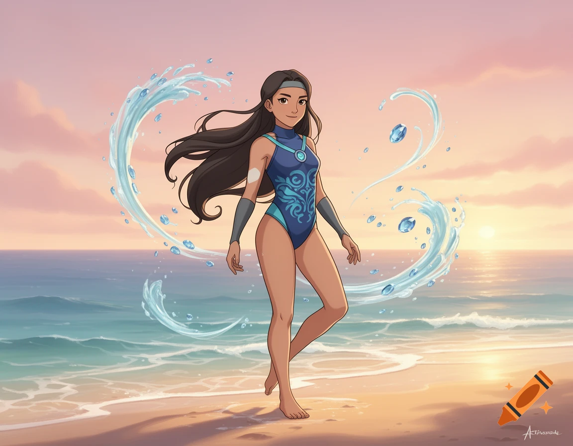 An animated female character resembling Katara, in a blue swimsuit, stands on a beach with water swirling around her at sunset.