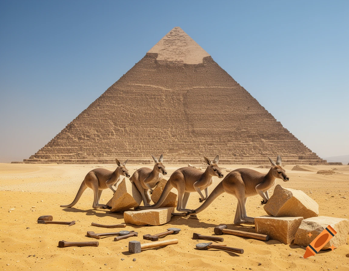Four kangaroos appear to be moving large stones in a desert landscape, with a massive pyramid towering in the background.