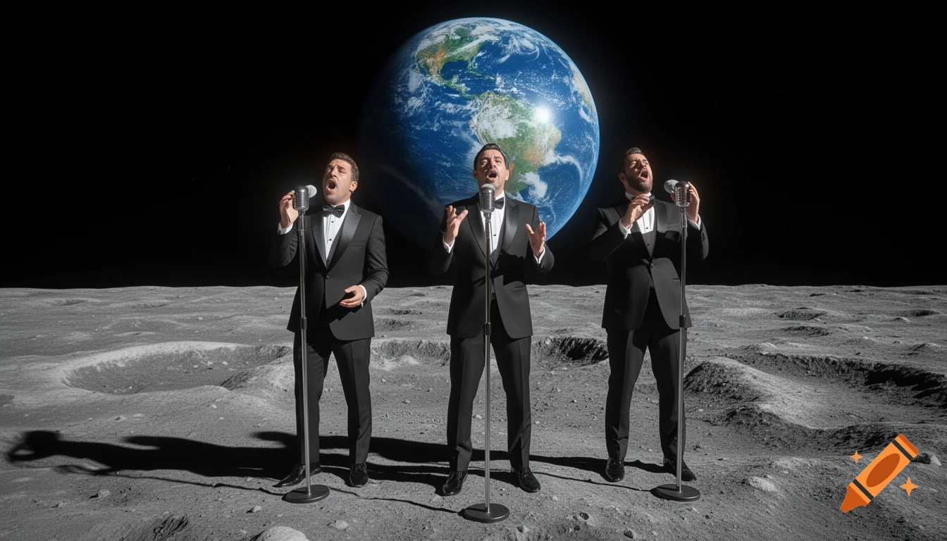 Three photorealistic men in tuxedos sing into microphones on the moon with the Earth visible in the background.
