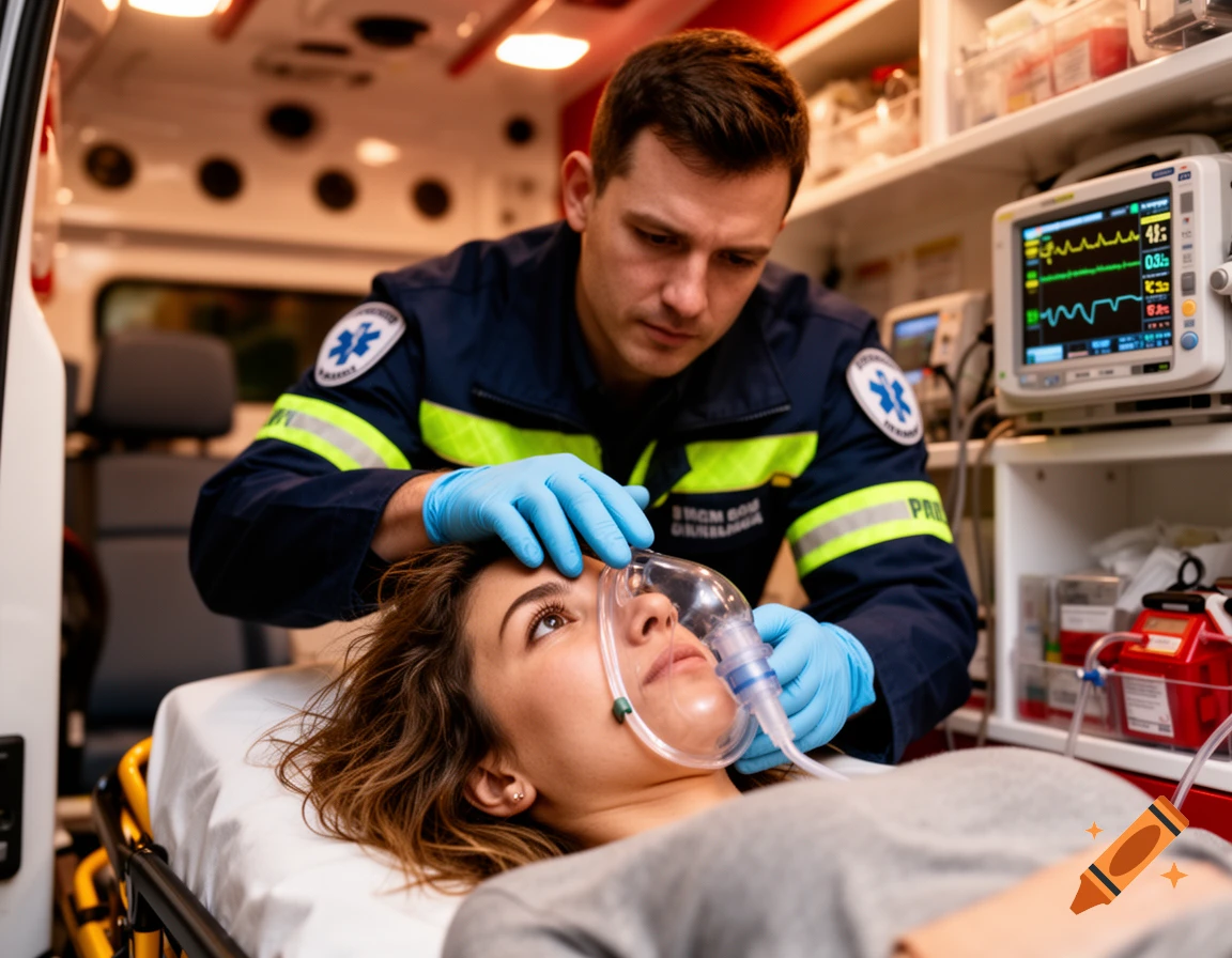 A paramedic in blue gloves places an oxygen mask on a female patient lying on a stretcher inside an ambulance.