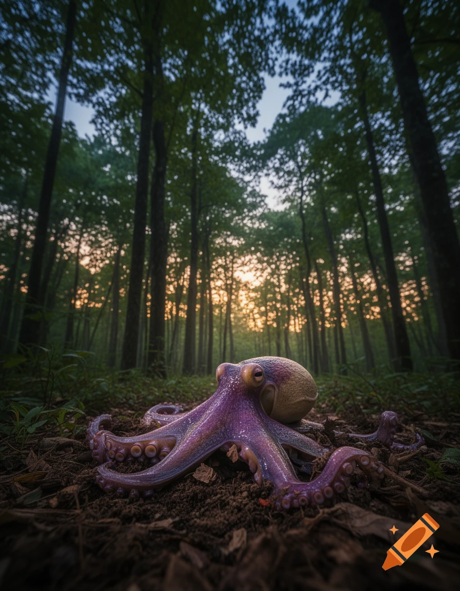 A vibrant purple octopus lies on the dark forest floor at dusk, surrounded by tall trees reaching into the sky.