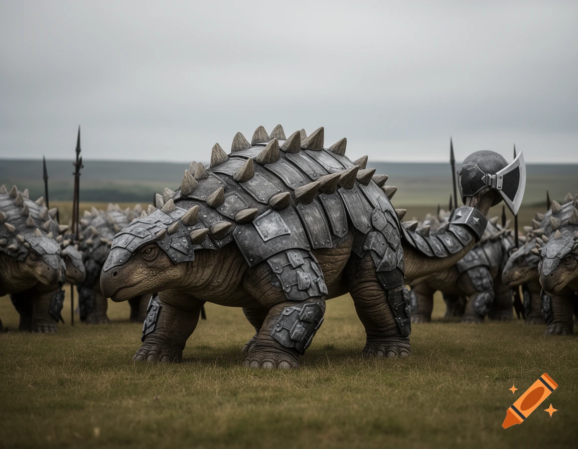 Armored ankylosaurs stand in a grassy field under a cloudy sky, with one in the foreground featuring a battleaxe on its tail.