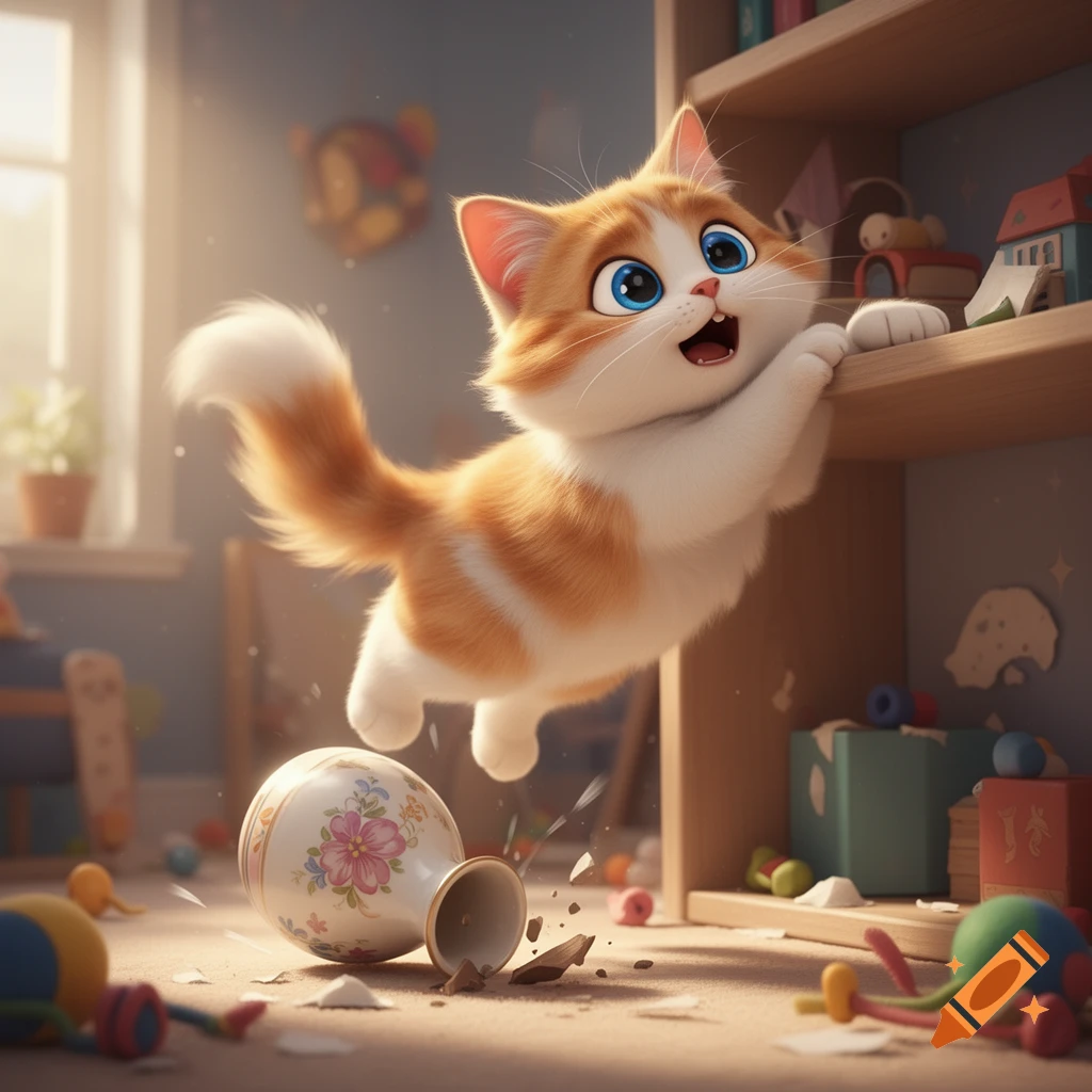 A mischievous orange and white cartoon cat leaps from a shelf, knocking over a floral vase, creating a mess on the floor.