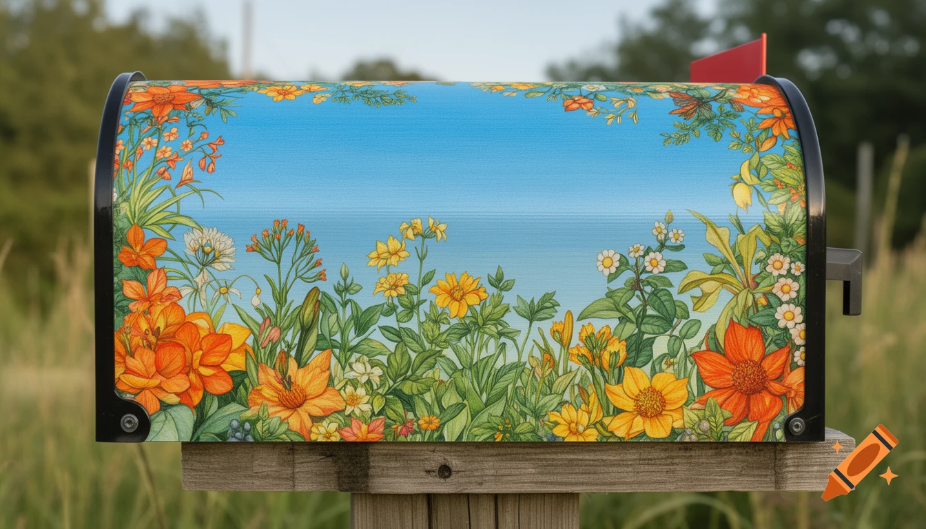 A curbside mailbox adorned with a vibrant artistic design of orange, yellow, and white flowers and green foliage under a blue sky.