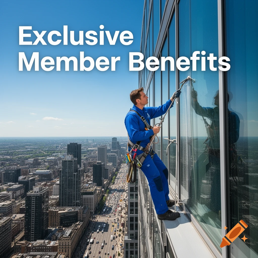 Photorealistic image of a window cleaner rappelling down a skyscraper, cleaning windows, with a cityscape below. Text reads 'Exclusive Member Benefits'.