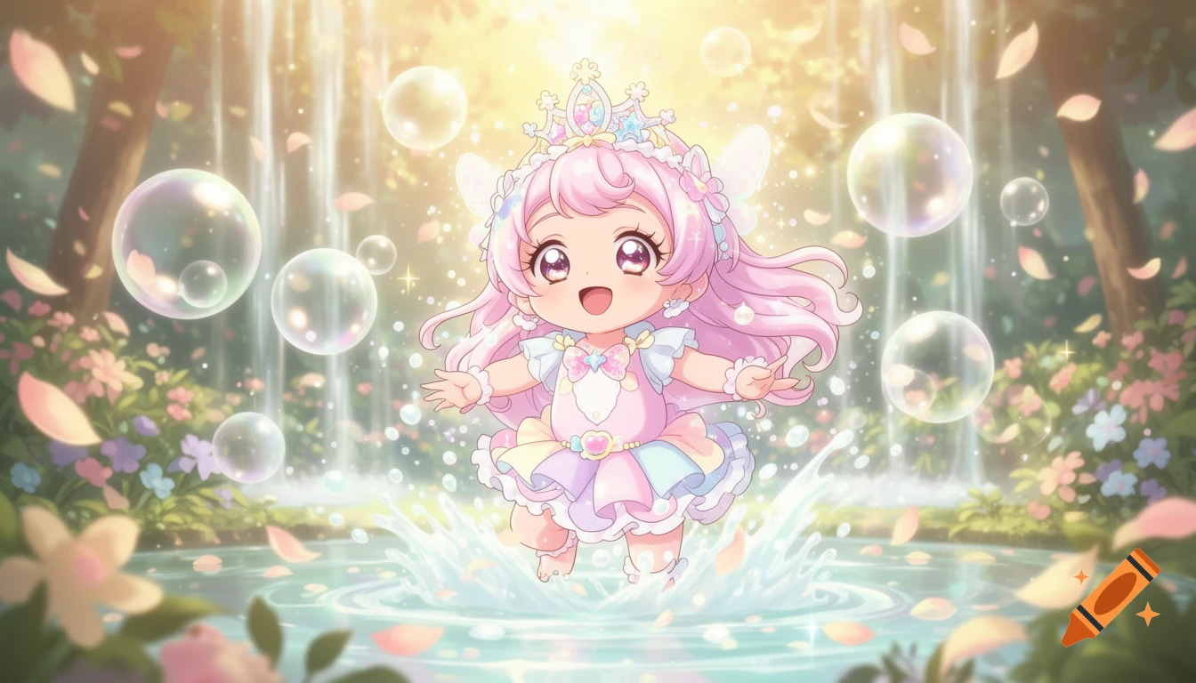 Chibi pink-haired character in a crown splashing in a forest pond with bubbles and flowers, anime style.