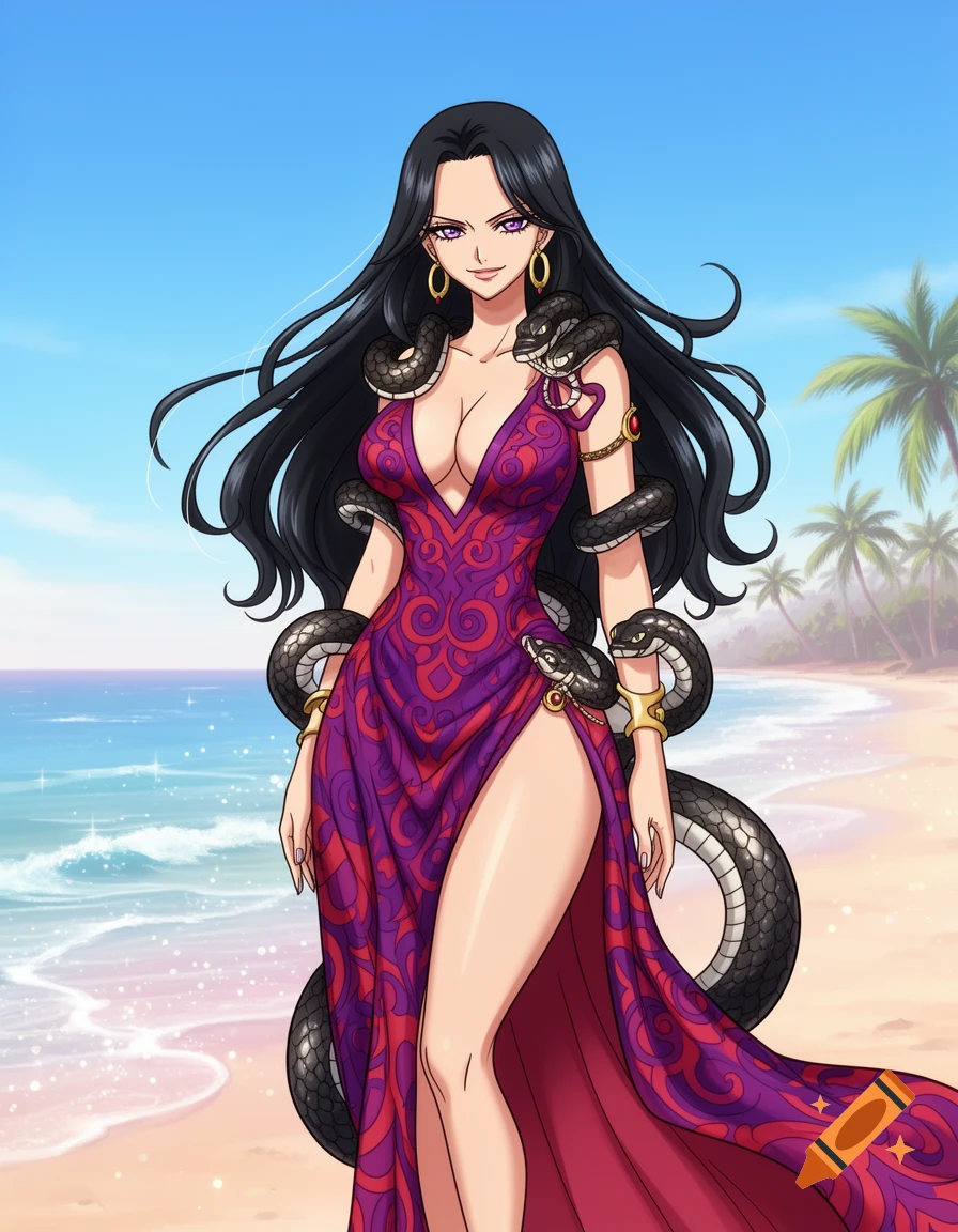 An anime character, Boa Hancock, in a revealing purple dress with snakes, stands on a sandy beach with palm trees and ocean.