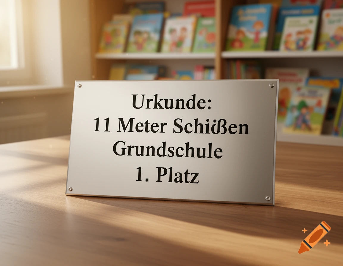 A metal plaque on a wooden desk with "Urkunde: 11 Meter Schießen Grundschule 1. Platz" in German, blurred bookshelves in the background.