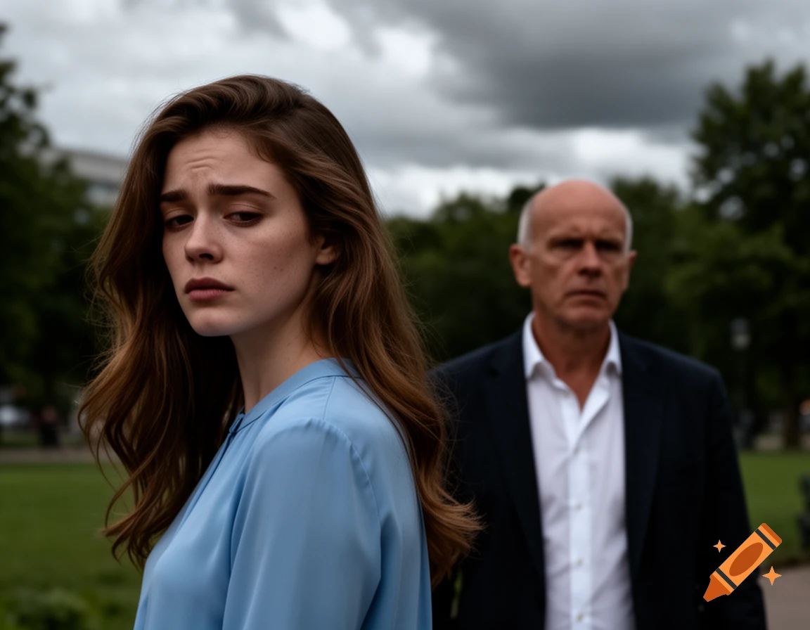 A sad young woman with long brown hair turns away from a serious bald man in a suit, both outdoors.