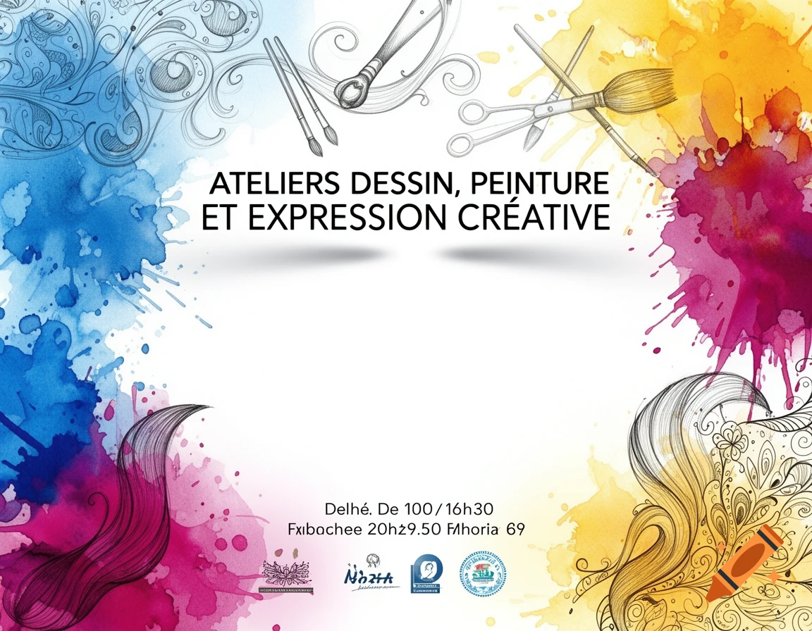 An art workshop poster with watercolor splashes in blue, pink, and yellow. Pencil sketches of art tools like brushes, scissors, and pencils are at the top and bottom corners. The title "ATELIERS DESSIN, PEINTURE ET EXPRESSION CRÉATIVE" is prominently displayed, with some garbled text for schedule and address below.
