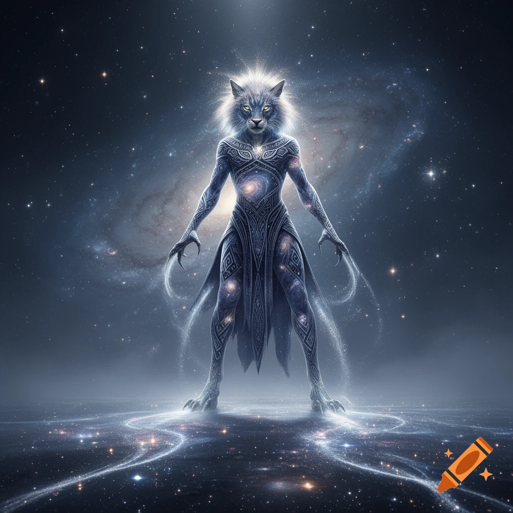 A cosmic, anthropomorphic wolf-like creature with glowing eyes and intricate tribal patterns on its body, standing on a starry surface with a galaxy background.