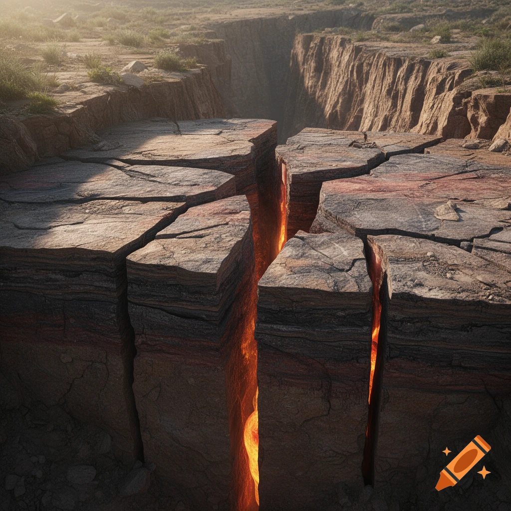 A deep crack in dry, layered earth, glowing with bright orange magma, extends into a canyon under hazy sunlight.