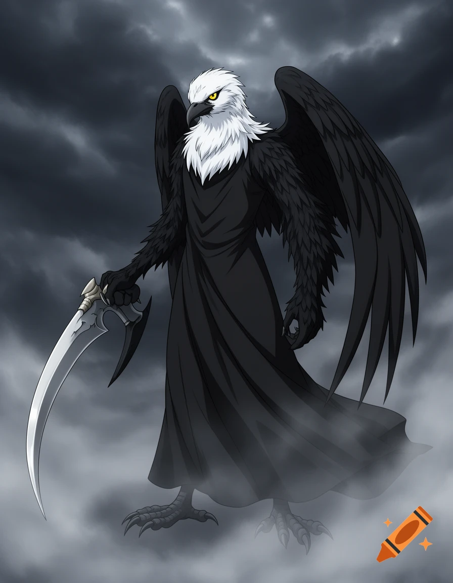 An anthropomorphic bald eagle-headed creature in black robes with large black wings holds a scythe, standing in mist against a stormy sky, anime style.