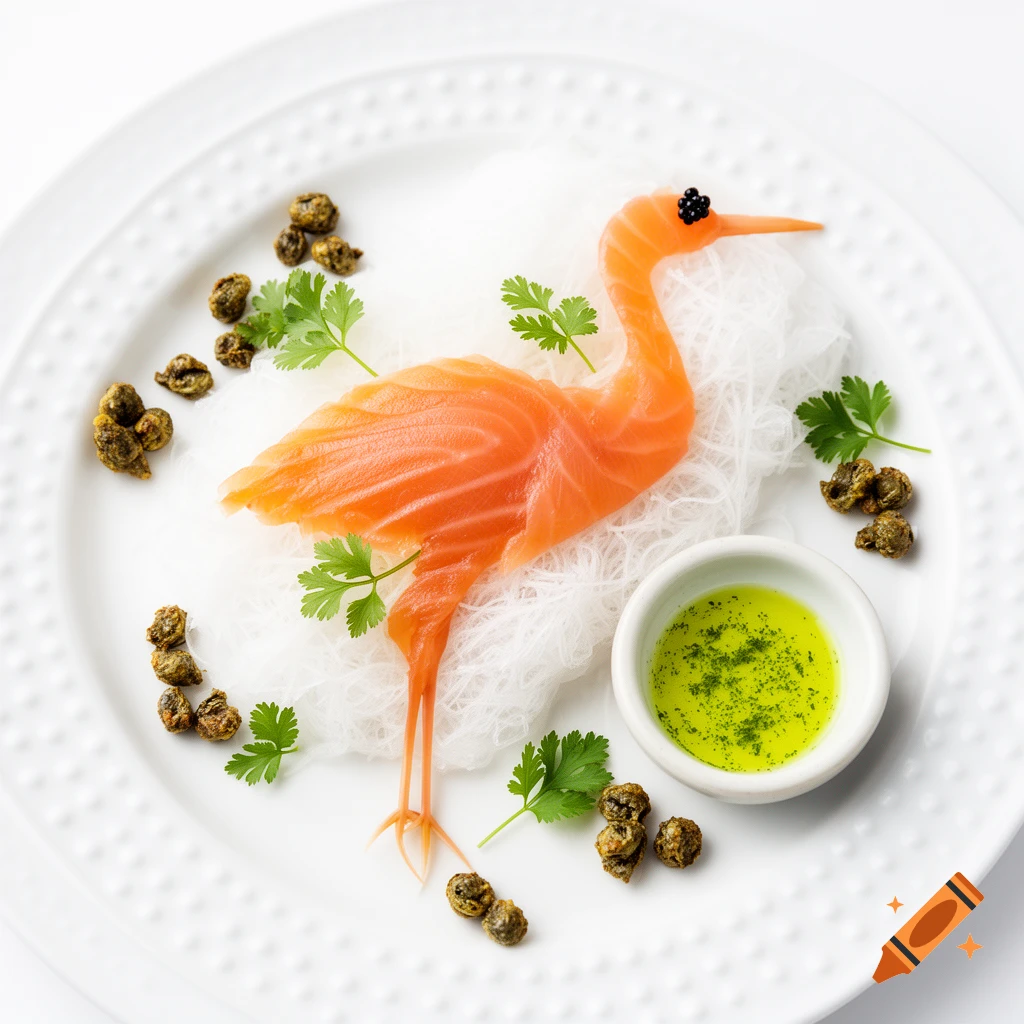 Artfully plated gravlax salmon in the shape of a crane, with black caviar eye, on white radish with capers and yuzu oil on a white plate.
