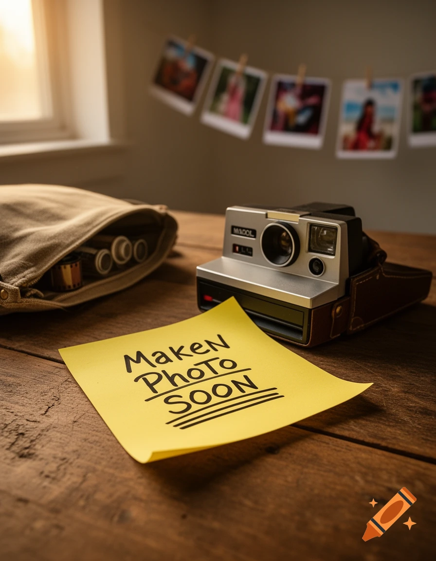 A vintage instant camera and film rolls on a wooden table, with a sticky note reading 'Maken Photo SOON' and hung photos in the background.