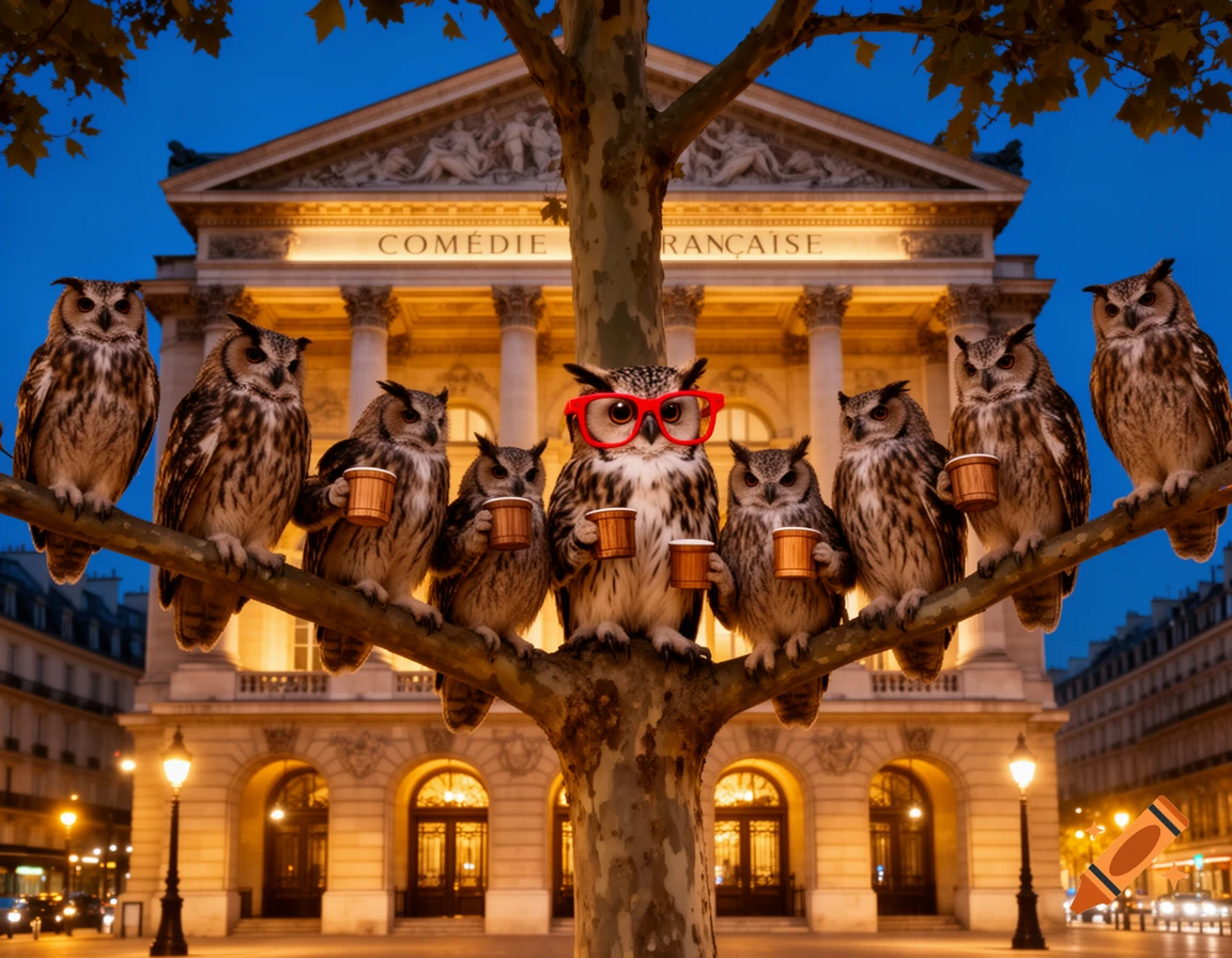 Seven photorealistic owls, one in red glasses, perch on a tree branch holding small cups, in front of the illuminated Comédie Française building in Paris at dusk.