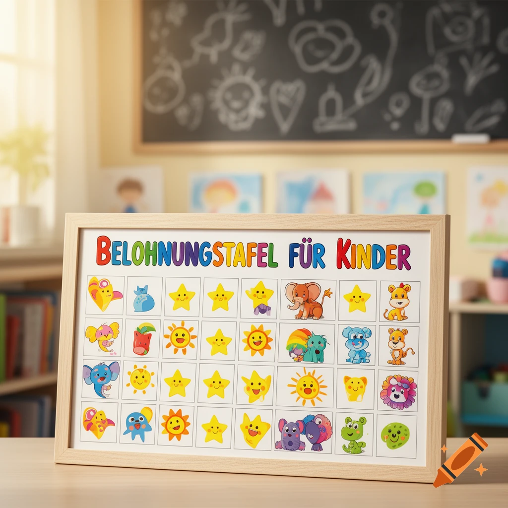 A framed reward chart for children, displaying colorful cartoon animals and stars on a grid, set in a classroom.