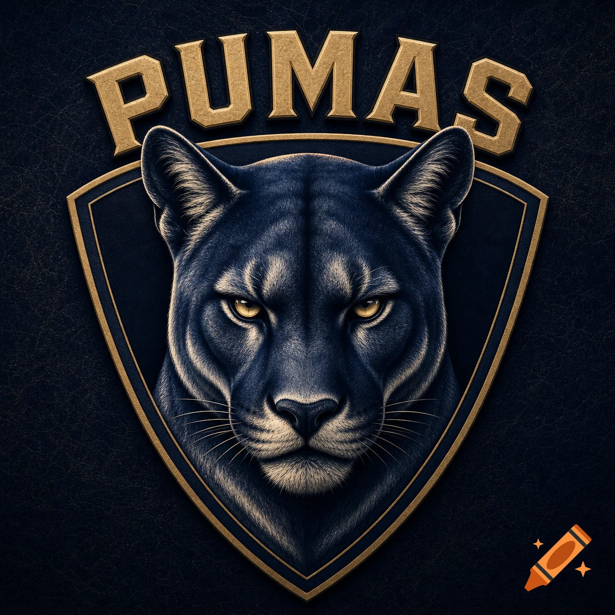 A stylized football logo featuring a fierce black panther head with glowing yellow eyes, set within a gold-bordered shield, with "PUMAS" in bold gold letters above on a dark textured background.