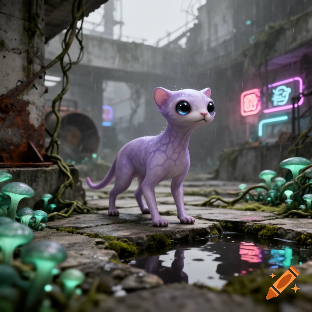 A cute purple slugcat stands on a mossy ruin in the rain, surrounded by glowing green mushrooms and neon signs.