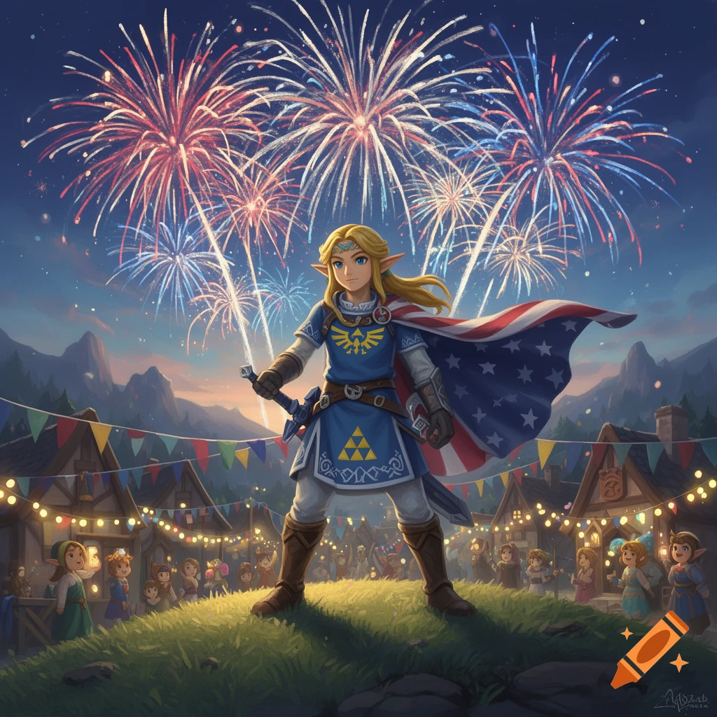 Link from Zelda, wearing an American flag cape and holding a sword, stands on a grassy hill overlooking a festive village illuminated by vibrant fireworks at night.