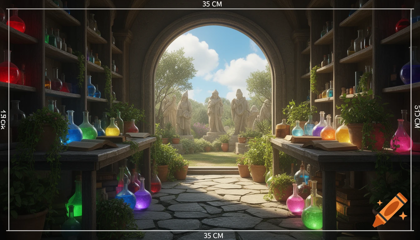 A hyperrealistic potion shop with glowing flasks, plants, and books. An archway opens to a sunny garden with ancient statues.